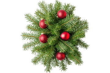 Christmas fir branch with red ornaments isolated on transparent background