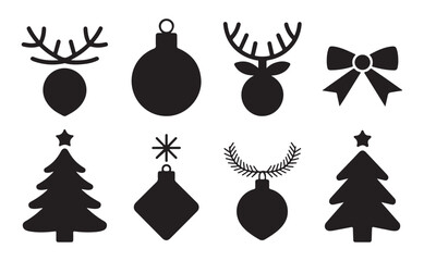  Set of Black Christmas Icons Including Hanging Trees, Reindeer, Ornaments, Snowflakes, and Gifts, Ideal for Holiday and Seasonal Designs