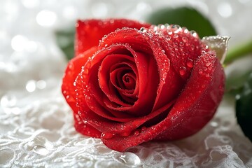 Red Rose with Dew Drops on Lace Background Photo