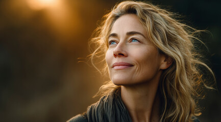 Obraz premium A woman with a gentle smile looks upward, bathed in the warm glow of a setting sun.