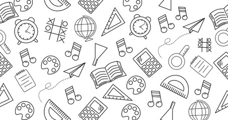 Seamless pattern with hand-drawn school supplies. Back to school. Vector illustration