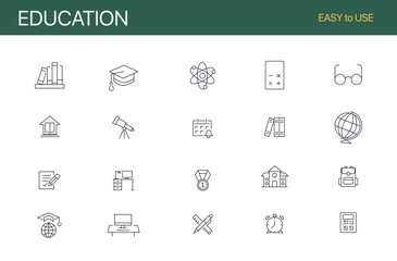 Education set of web icons in line style. Learning icons for web and mobile app. E-learning, video tutorial, knowledge, study, school, university, webinar, online education. Vector illustration
