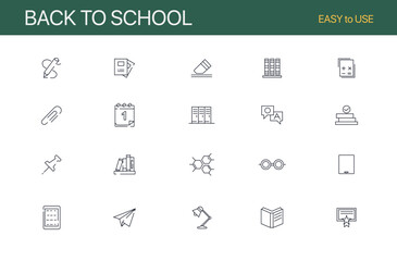 Set of 20 line icons related to back to school, education, learning, school. Outline icon collection. Editable stroke. Vector illustration.