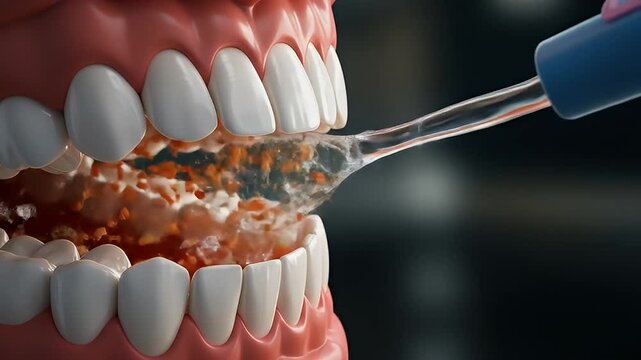 Water Flosser Spraying High-Pressure Jet Between Teeth Removing Plaque and Food Debris