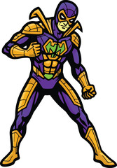 A vibrant cartoon illustration of a superhero character in a purple and gold armored suit, posed dynamically.