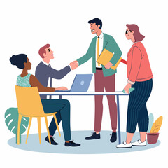 Create a bold, vector cartoon scene depicting three busy businesspeople in a modern office setting.  Illustrate dynamic poses and vibrant colors.