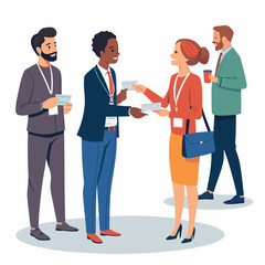 Create a bold, vector cartoon scene depicting a busy business office with diverse characters.  Include detailed, flat-color vector illustrations.