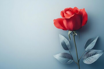 Red Rose with Green Leaves on a Light Blue Background Illustration