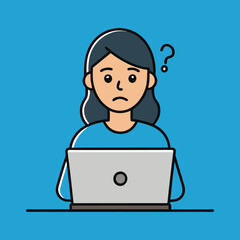 Confused Woman Working On Laptop Cartoon