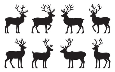 Black and White Illustrations of Reindeer Silhouettes for Christmas and Holiday Season Decorations