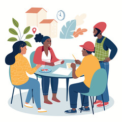 Create a bold-stroked 2D cartoon vector illustration depicting a lively communication scene.