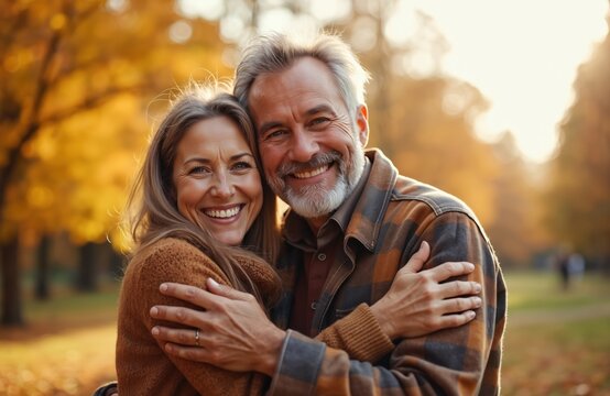 Cheerful mature couple embraces looking camera in autumn park. Happy smiling man, woman hug each other. Romantic relationship in golden fall season. Senior couple joyfully spends time outdoors. - Powered by Adobe