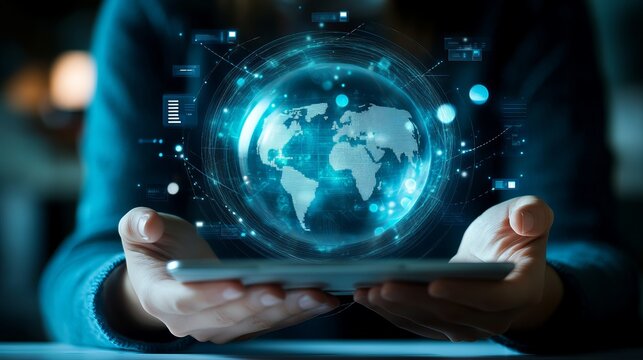 Person holding tablet with glowing world map hologram and data visualizations in a dark setting
