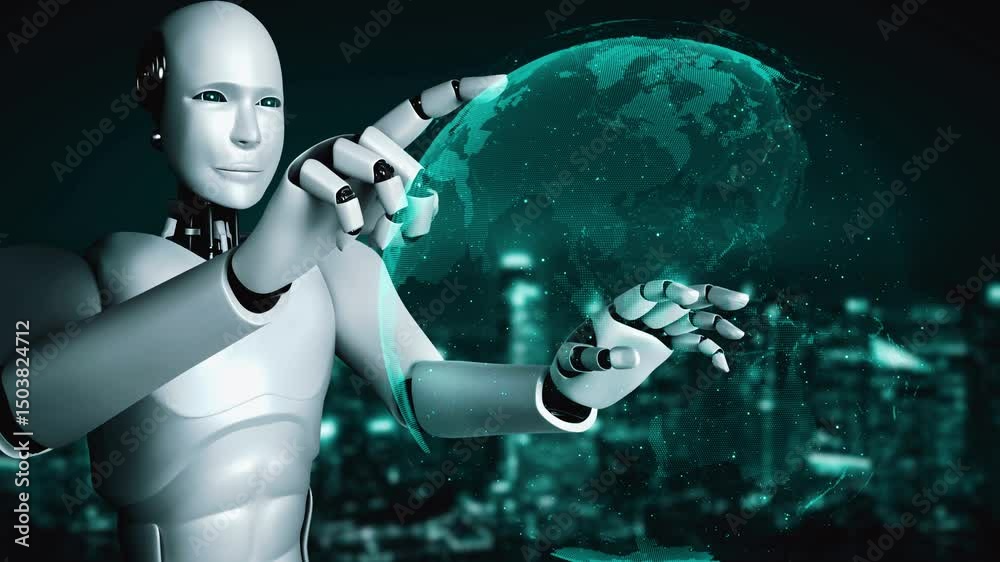 Poster ai robot huminoid uses cloud computing technology to store data on online server . futuristic concep