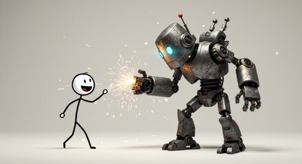 Humorous encounter: Hand-drawn stick figure meets futuristic robot with special effects