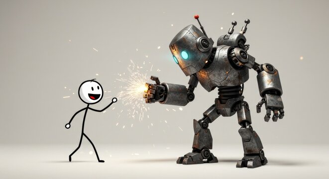 Humorous encounter: Hand-drawn stick figure meets futuristic robot with special effects
