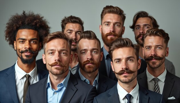Group of men with diverse mustache styles posing for charity photo. Men wear suits, business style. Movember awareness, facial hair, men health campaign, prostate cancer research, support.