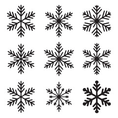 Set of Hand-drawn Black Snowflakes with Intricate Designs, Ideal for Winter, Holiday, and Christmas Themed Illustrations