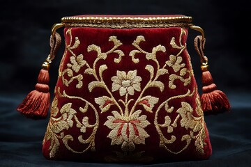 Red Velvet Bag with Gold Embroidery and Tassels - Illustration