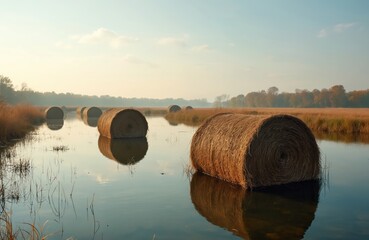 Hay bales float in flooded river at autumn time. Rustic agricultural scene with bales in water. Rural farmland landscape nature fall season, weather flood. Harvest hayrick, crop. Calm blue sky.
