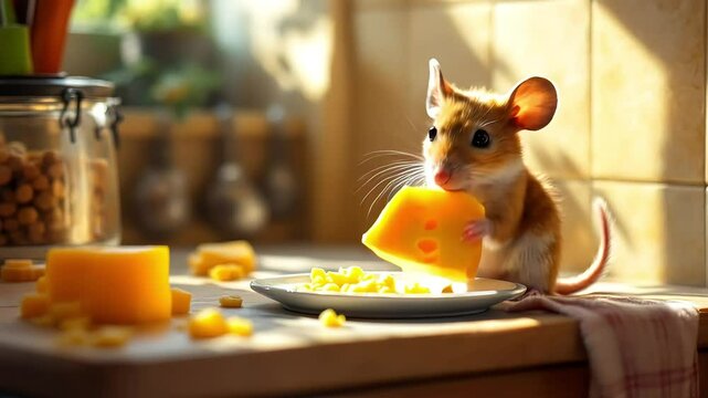  Mouse nibbling cheese in a cozy kitchen corner
