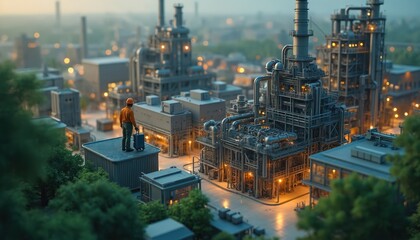 Environmental Health, Safety Specialist inspects smart factory. Industry 5. 0 innovation, focus on safety measures in AI-driven environment. Tech, industry, engineering, electrical, building, night