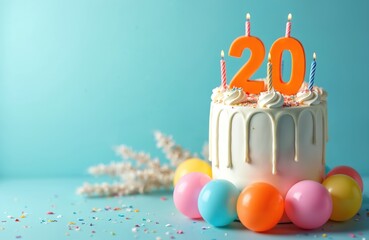 Festive birthday cake with vibrant candles, orange number twenty on top. Colorful balloons scattered, sprinkles. Celebration, anniversary, party mood, dessert. Perfect birthday concept, sweet bakery