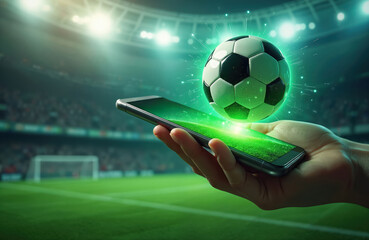 Hand holding smartphone with glowing ball above soccer field. App interface with live score. Soccer betting, online gambling concept. Mobile device for sports fans.