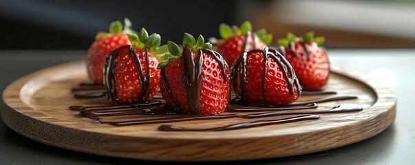 Closeup of Chocolate Covered Strawberries on Wooden Plate - Realistic Photo