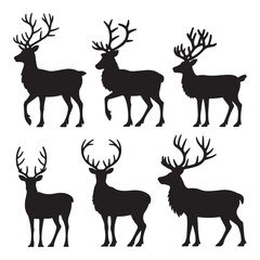 Set of Black Silhouettes of Reindeer with Antlers, Perfect for Christmas, Winter Holidays, and Festive Seasonal Designs