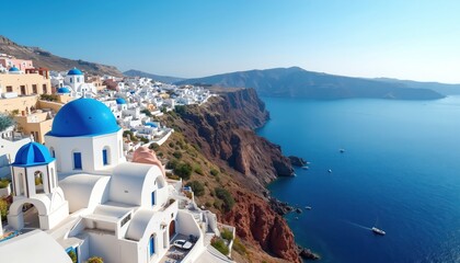 Fototapeta premium Scenic illustration of Santorini island with white buildings and blue domes. Traditional greek architecture, located on cliffside overlooking blue Aegean Sea. Popular travel destination.