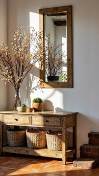 Rustic console table with decorative branches and mirror in daylight  