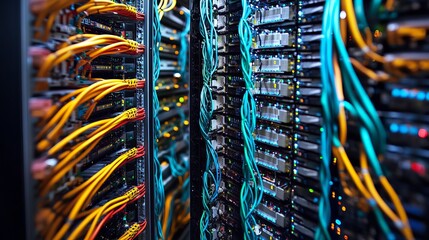 Close up view of a server room with colorful cables and blinking lights in a data center environment