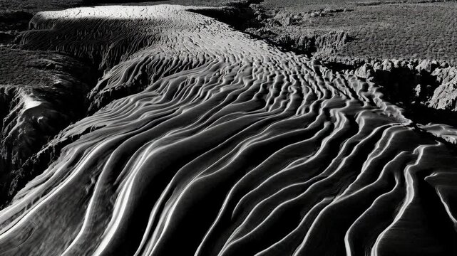 Monochrome view of wavy sculpted patterns on a rocky, textured surface.  Abstract, flowing parallel lines create an interesting pattern of nature.