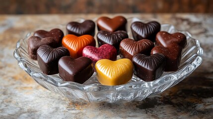 Assortment of Heart-Shaped Chocolates in Glass Bowl - Photo