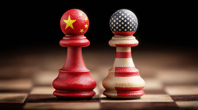 Two chess pawns painted with the flags of China and the USA on a chessboard, representing a geopolitical strategy or confrontation.