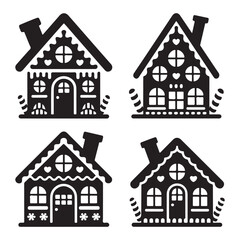 Set of Black Gingerbread House Icons - Christmas Holiday Decorations, Festive Designs of Cookie 