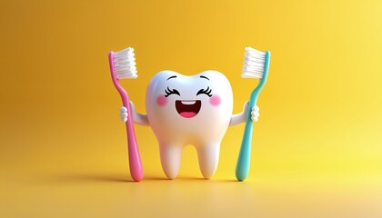 Happy cartoon tooth character holding two toothbrushes on yellow background. Cheerful tooth smiling. Oral hygiene, healthy teeth concept. Fun cartoon for children. Perfect for dental clinic branding.
