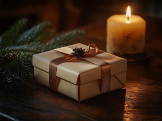 Christmas Gift Box with Pine Branch and Candle - Realistic Image