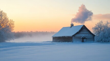 Winter Cabin with Smoke Rising Against a Golden Sunrise Sky