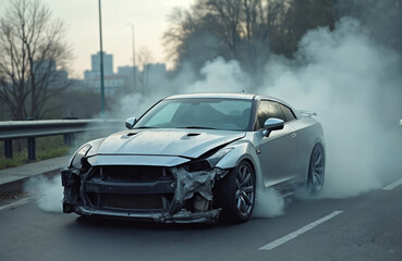 Silver car involved accident on road. Front part severely damaged, smoke rising. Automobile crash, car breakdown. Collision on highway or city street.