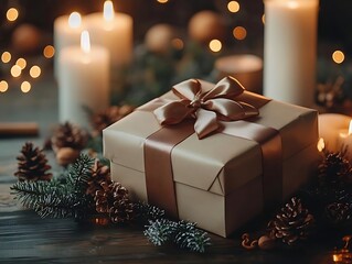 Christmas Gift Box with Candles and Pine Cones Illustration