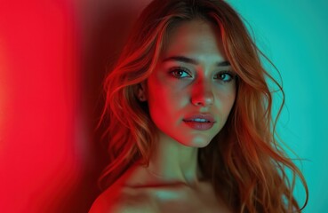 Naklejka premium Portrait of beautiful young woman on colorful background. Calm peaceful expression. Attractive girl with red hair looks at camera. Fashion beauty concept with neon lights.