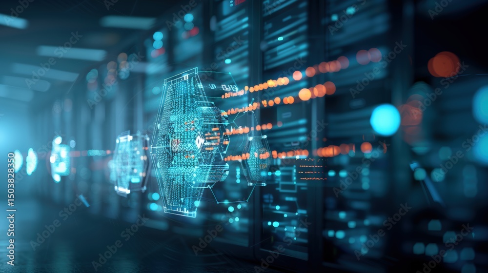Poster data processing event in a high-tech server room digital environment futuristic viewpoint technology