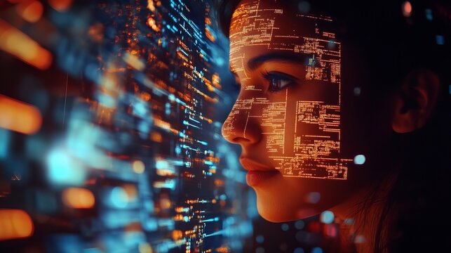 Woman's profile with digital interface overlay and abstract technological background with glowing lights