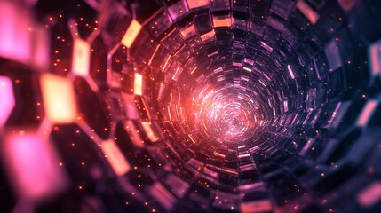 Obraz premium Abstract tunnel with glowing pink and orange lights and hexagonal shapes receding into the distance