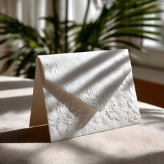 Elegant white card with embossed floral pattern, resting on a surface, in sunlight