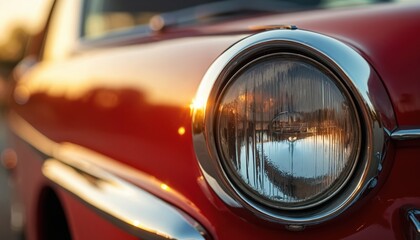 Close-up of vintage red car headlight. Golden hour sunlight reflects chrome detail. Classic automobile transportation, nostalgia, vehicle, old auto front.