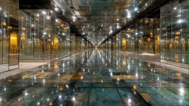 Infinity mirror hallway with glowing reflections
