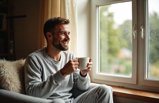 Smiling man in pajamas enjoys morning coffee by window. Guy relaxes at home in bed. Casual attire, indoor lifestyle scene. Morning wake up routine, cozy, comfortable leisure time.
